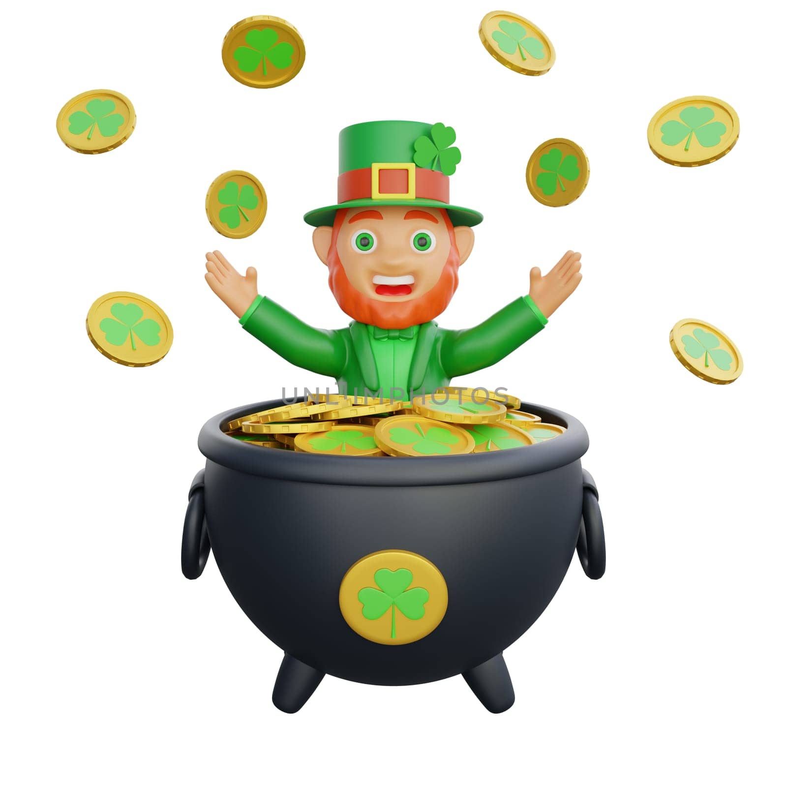 3D illustration of a joyful leprechaun inside a cauldron surrounded by golden coins, perfect for St. Patrick's Day themed projects