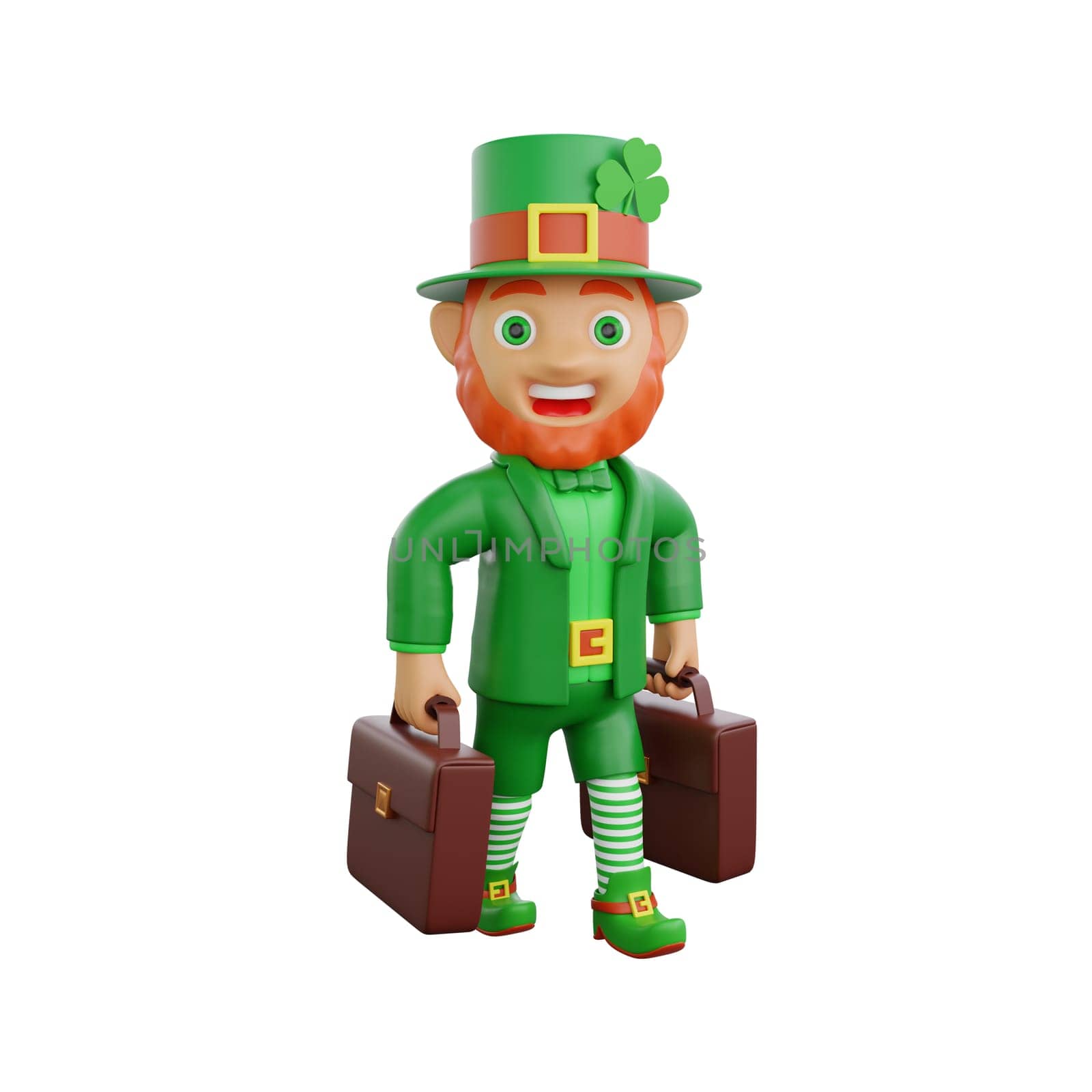 3D illustration of St. Patrick's Day character leprechaun holding two briefcases by Rahmat_Djayusman
