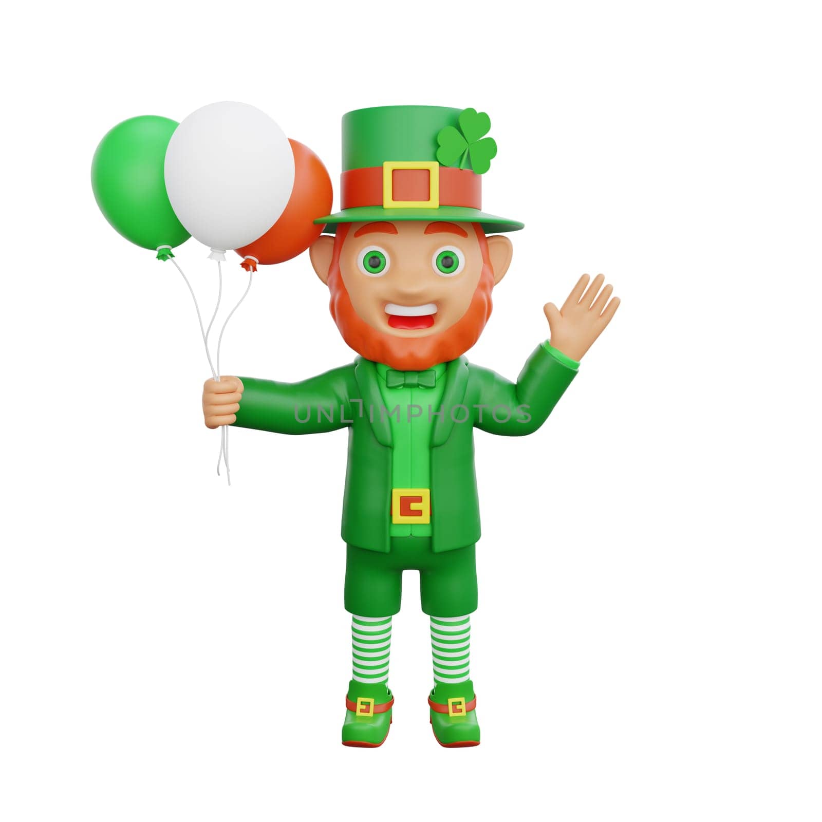 3D illustration of a cheerful leprechaun, waves hello while holding balloons, perfect for St. Patrick's Day themed projects