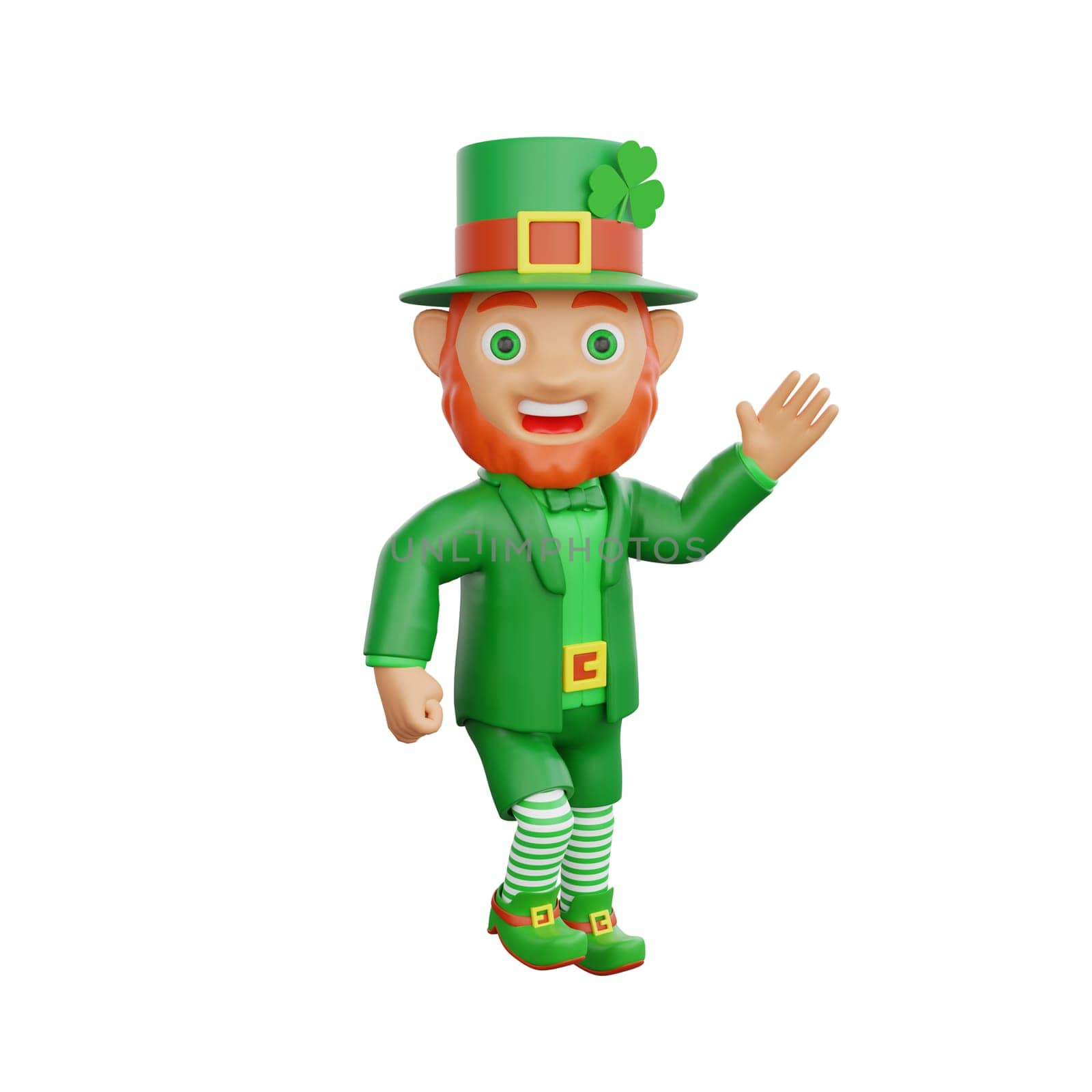 3D illustration of a joyful leprechaun, waves hello while dancing, perfect for St. Patrick's Day themed projects