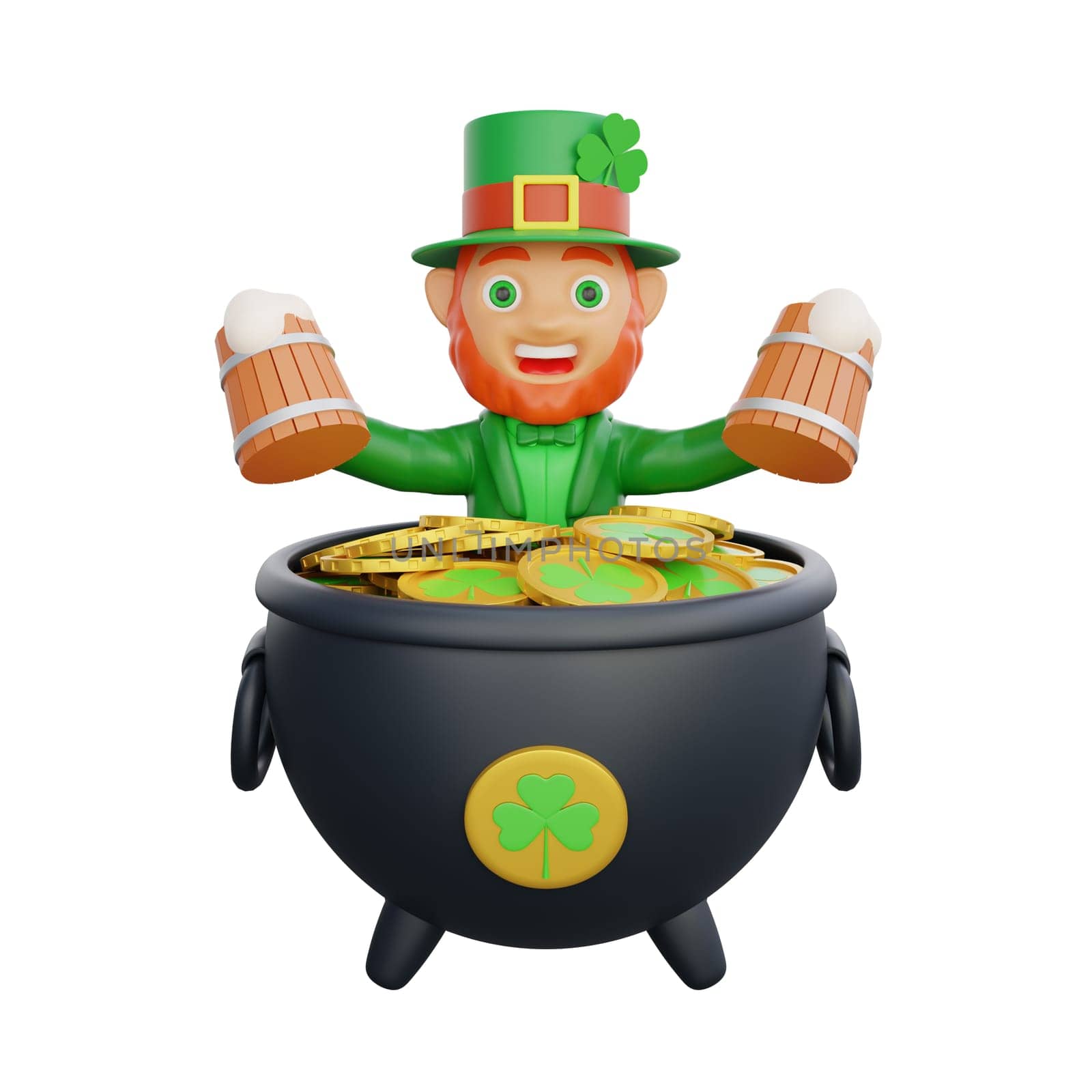 3D illustration of a joyful leprechaun holding two wooden mugs of beer, surrounded by golden coins adorned with clovers, symbolizing luck and prosperity, perfect for St. Patrick's Day themed projects
