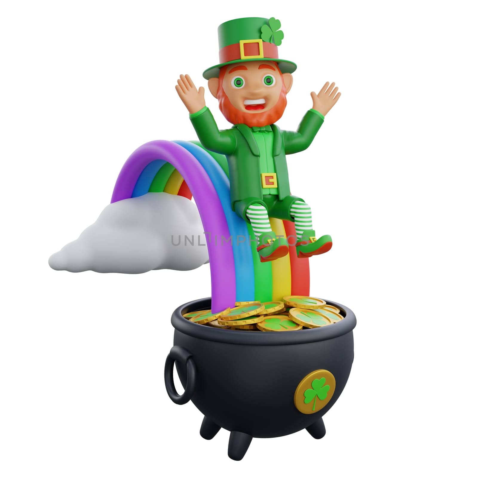 3D illustration of a cheerful leprechaun leaping over a rainbow, with a pot of gold coins at the end, perfect for St. Patrick's Day themed projects