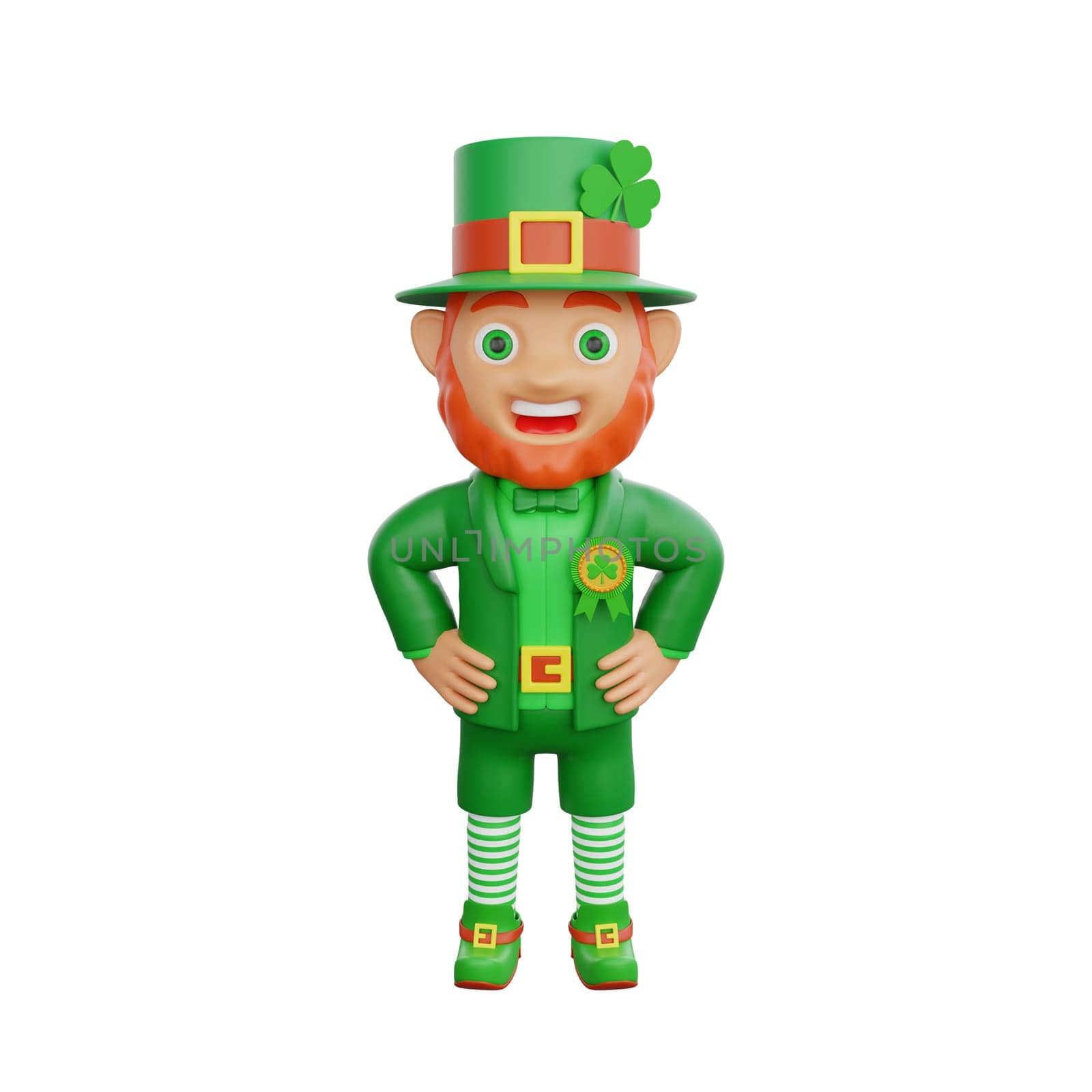 3D illustration of a joyful leprechaun proudly displaying a badge, perfect for St. Patrick's Day themed projects