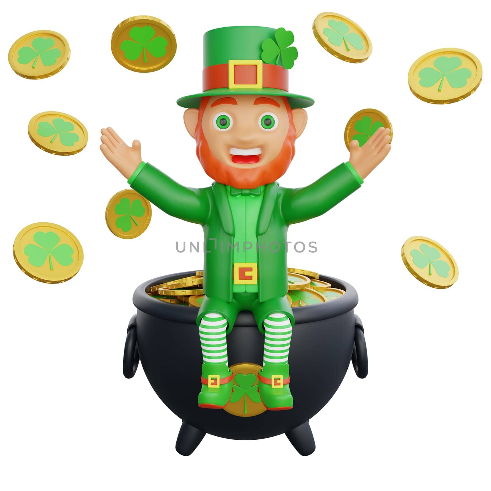 3D illustration of a joyful leprechaun, surrounded by golden coins adorned with clovers, symbolizing luck and prosperity, perfect for St. Patrick's Day themed projects