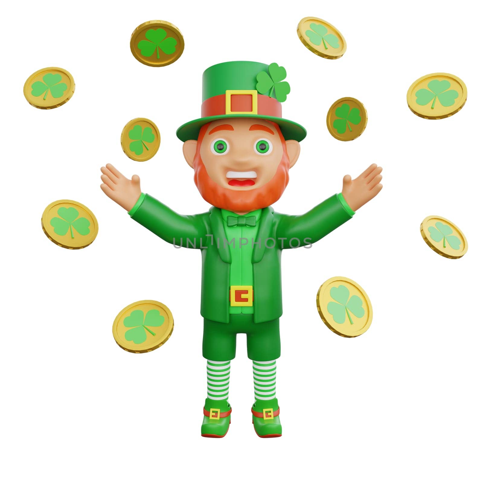 3D illustration of leprechaun surrounded by golden coins adorned with leaf clovers, perfect for St. Patrick's Day themed projects