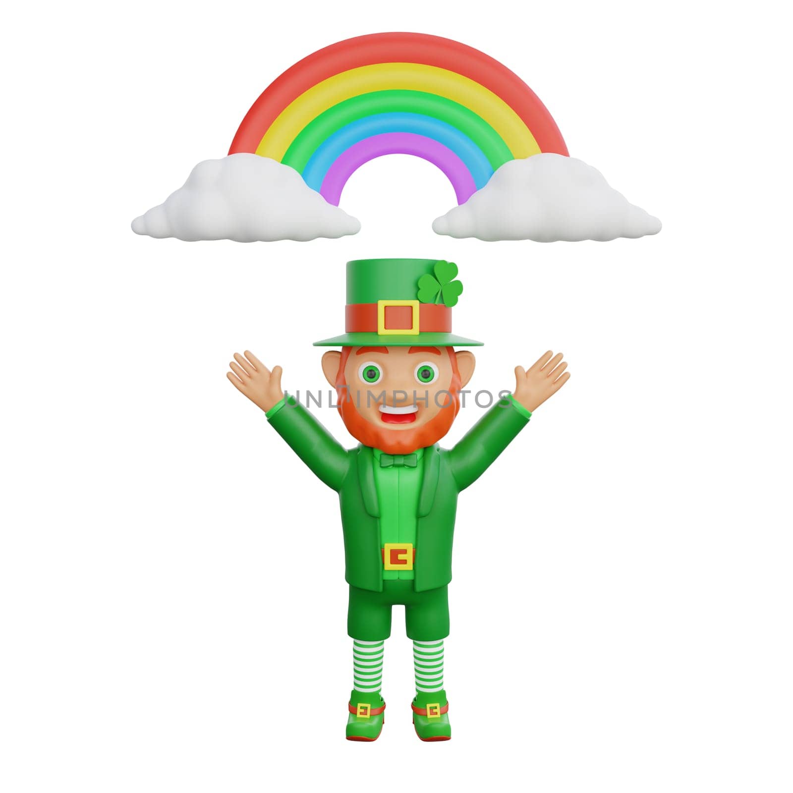 3D illustration of St. Patrick's Day character leprechaun celebrating under a colorful rainbow by Rahmat_Djayusman