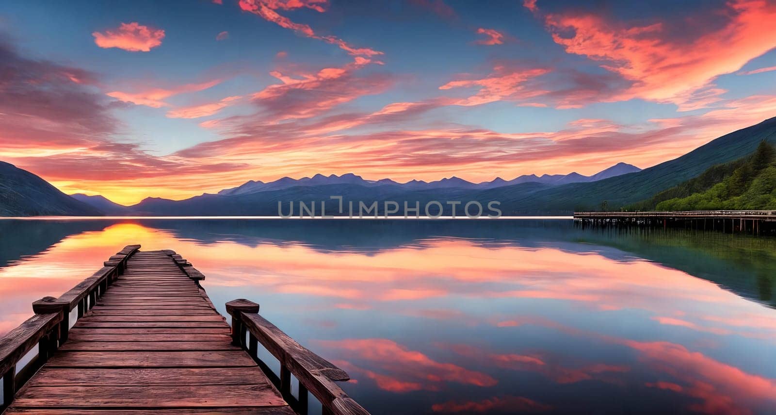 Wooden pier on a lake at sunset, with mountains in the background. Generative AI