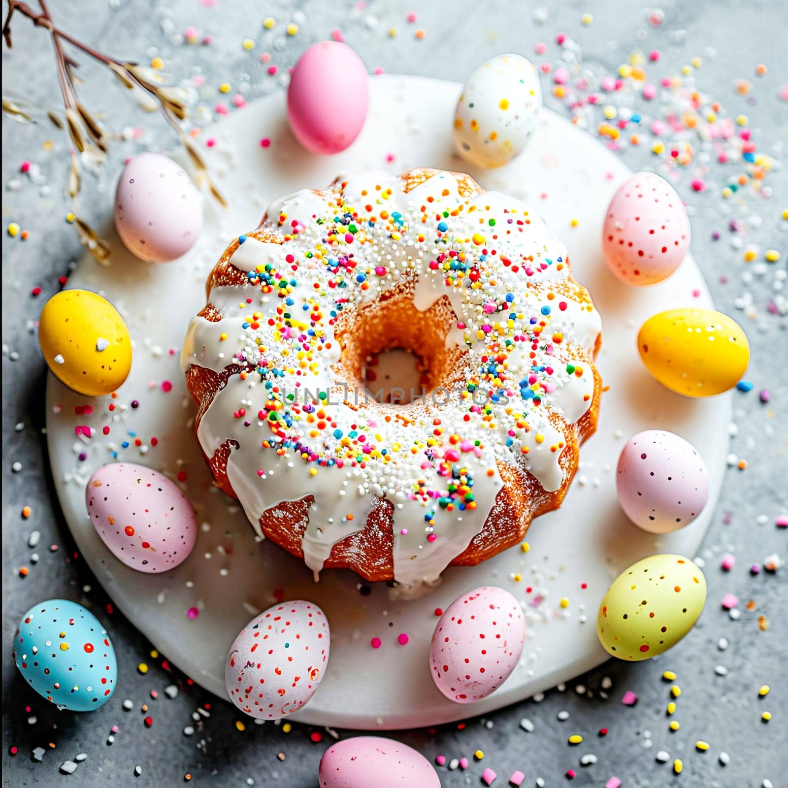 Easter cake covered with white glaze and sprinkled with multi-colored millet on a light surface next to painted Easter eggs. Easter concept. AI generated.