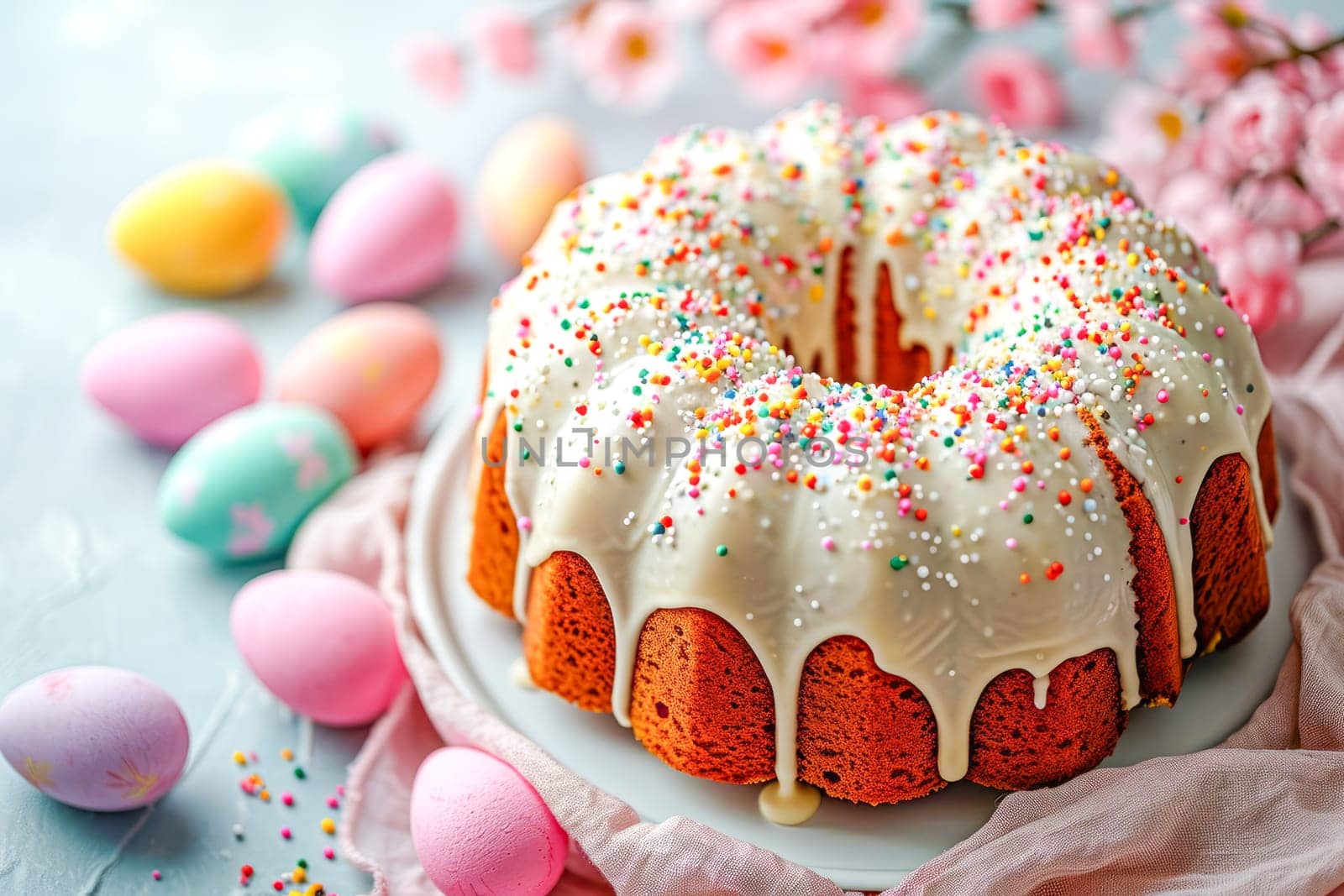 Easter cake covered with white glaze on a light surface. AI generated. by OlgaGubskaya