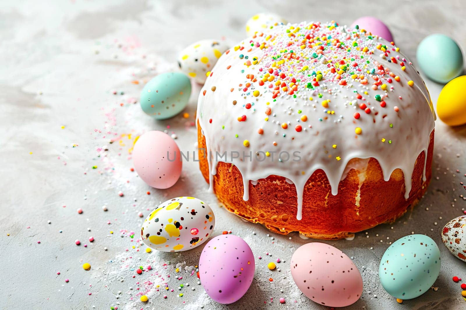 Easter cake covered with white glaze on a light surface. AI generated. by OlgaGubskaya