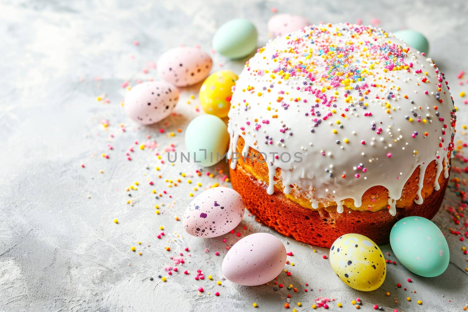 Easter cake covered with white glaze and sprinkled with multi-colored millet on a light surface next to painted Easter eggs. Easter concept. AI generated.