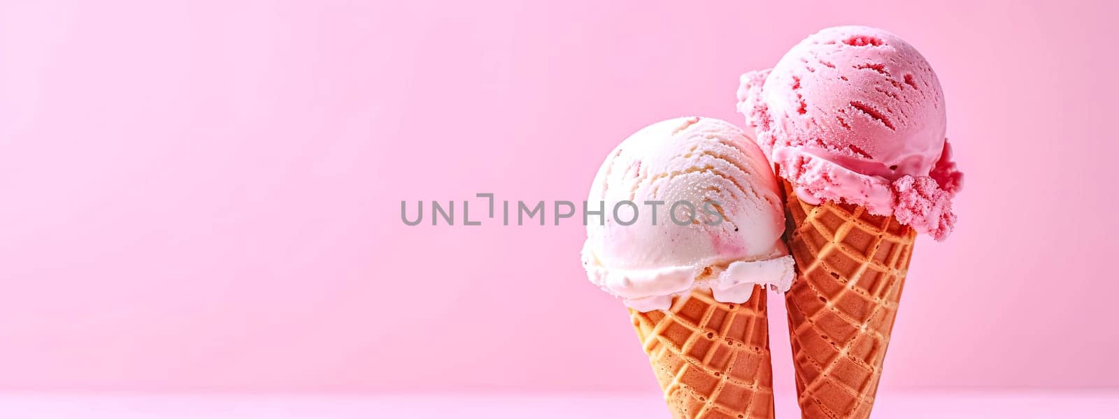 Still life photography of peach ice cream in a waffle cone on a magenta background. by Edophoto