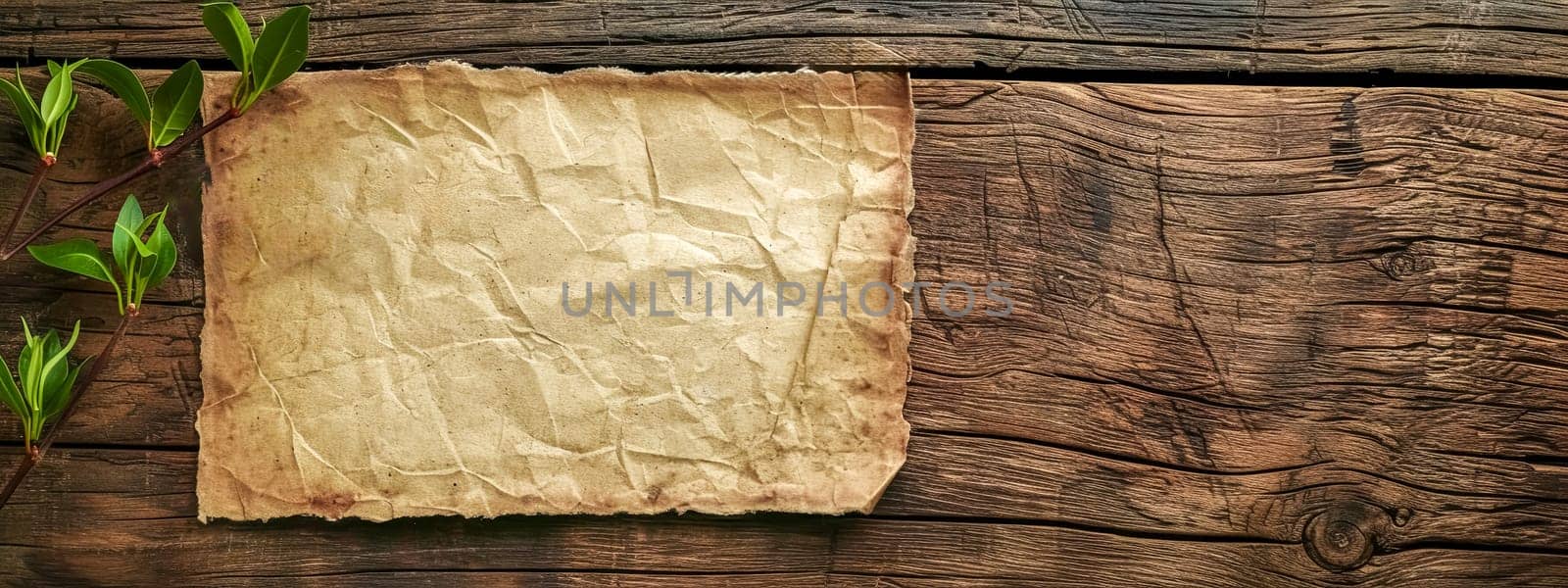 A historical artifact, a piece of old paper, rests on a rectangular wooden table, showcasing tints and shades of hardwood.