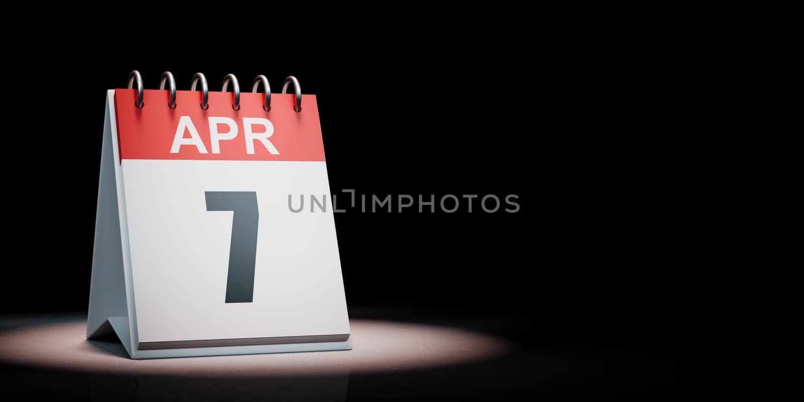 Red and White April 7 Desk Calendar Spotlighted on Black Background with Copy Space 3D Illustration