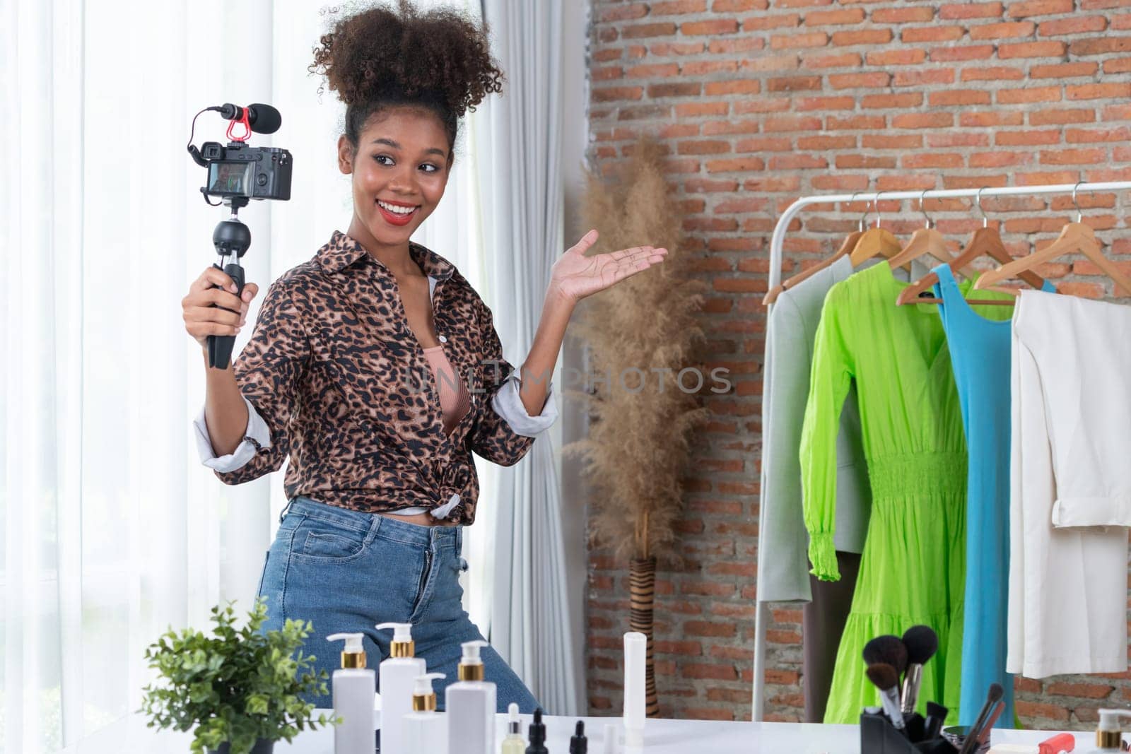 Woman influencer shoot live streaming vlog video review clothes crucial social by biancoblue