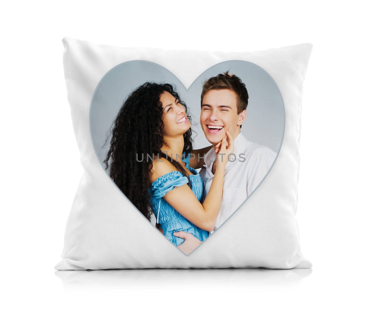 Pillow Isolated On White Background Features Printed Image Of Loving Couple