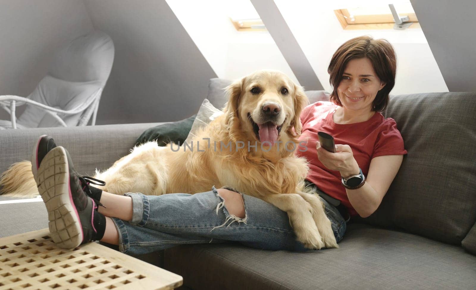 Girl with golden retriever dog at home by GekaSkr