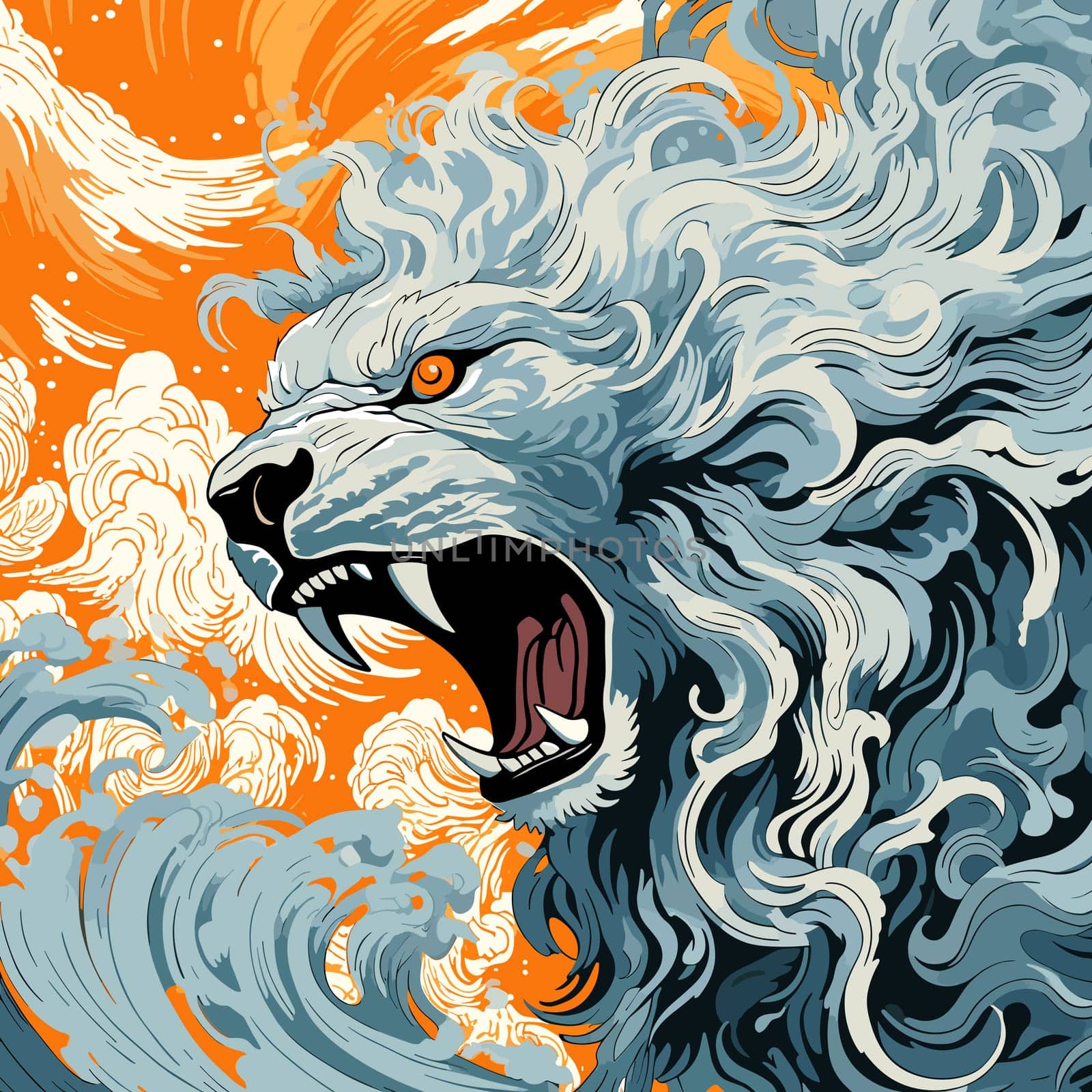 A vibrant portrait of the lion king of beasts in a psychedelic vector pop art style. Graphic design element and template for t-shirt print, sticker, poster, etc.