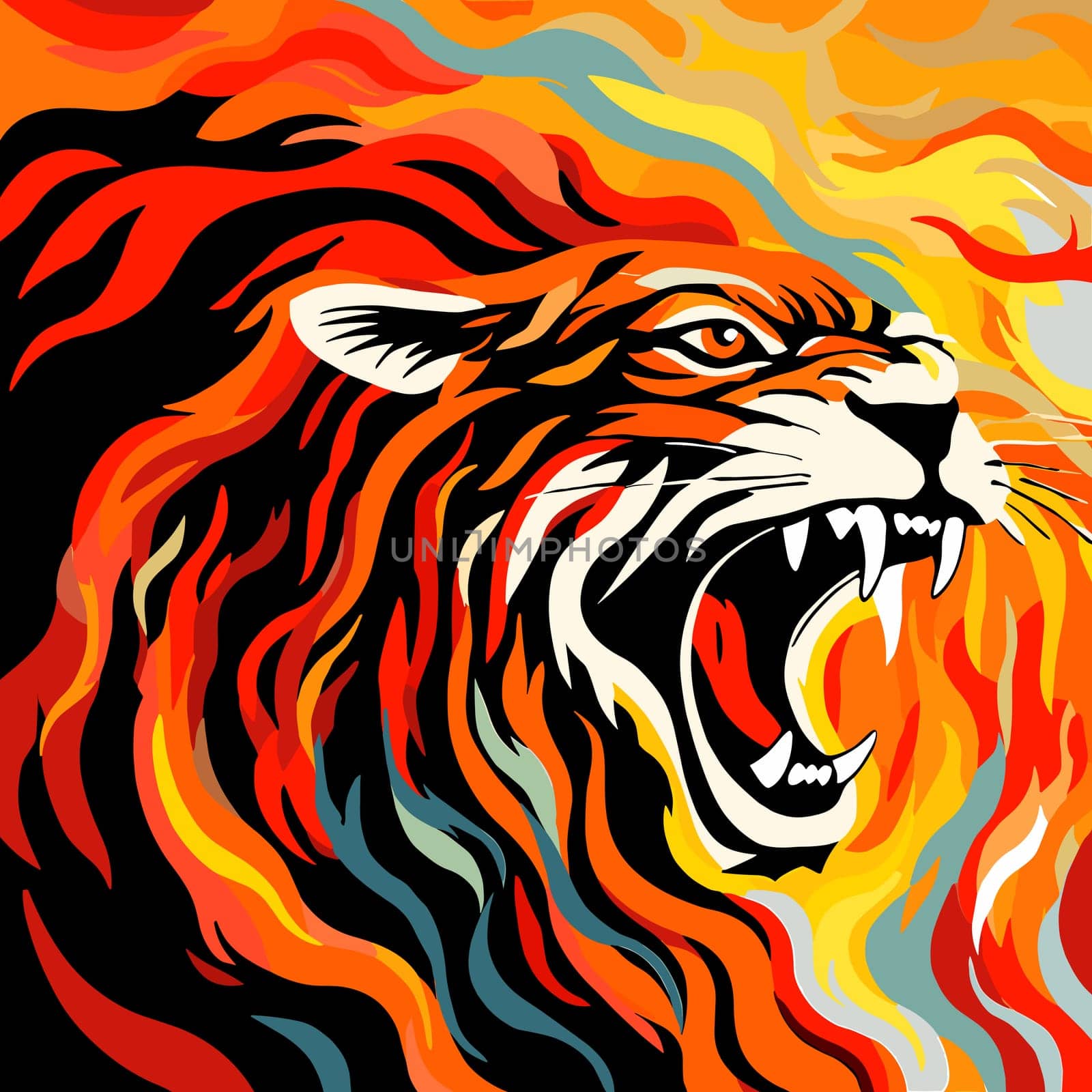 A vibrant portrait of the lion king of beasts in a psychedelic vector pop art style. Graphic design element and template for t-shirt print, sticker, poster, etc.