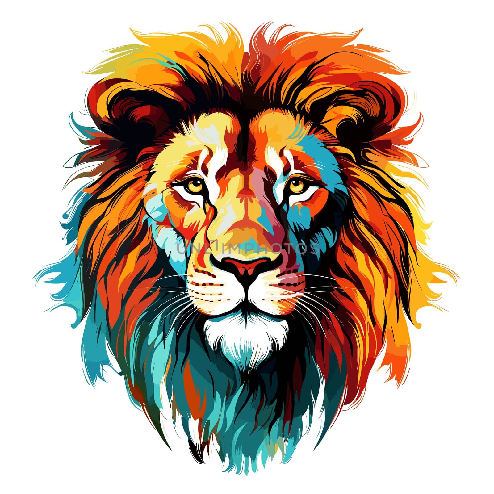 A vibrant portrait of the lion king of beasts in a psychedelic vector pop art style. Graphic design element and template for t-shirt print, sticker, poster, etc.