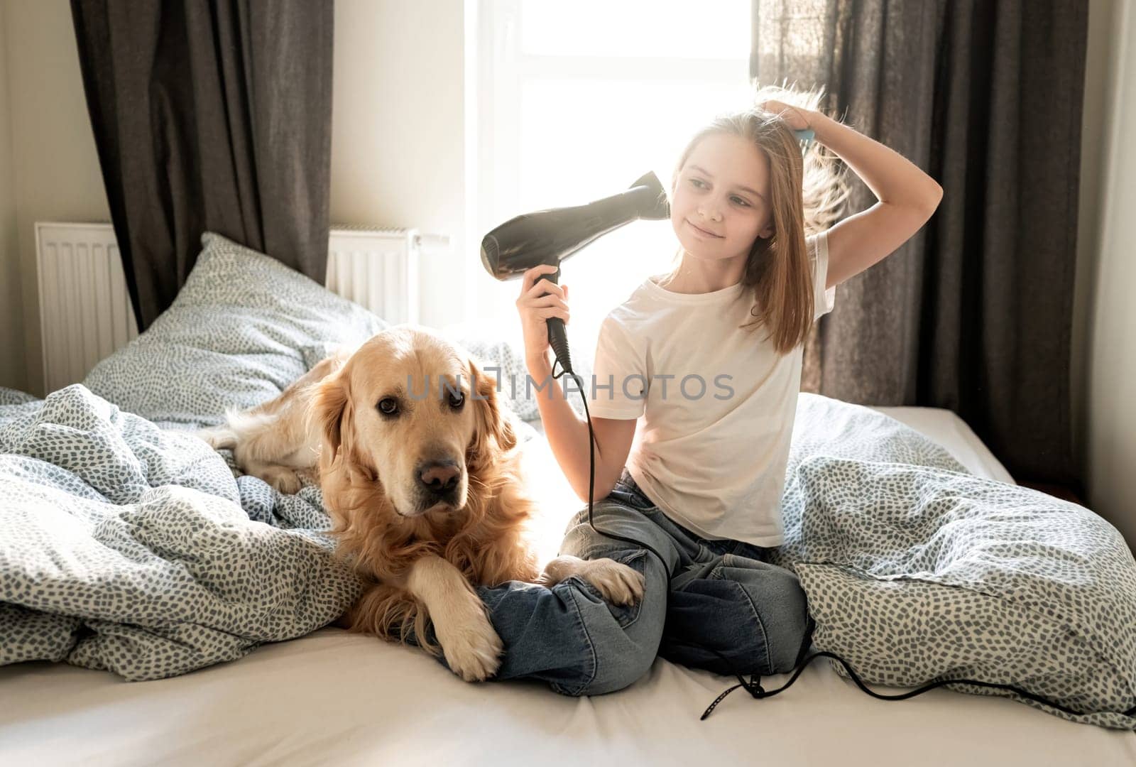Cute Little Girl Drying Hair With A Hairdryer by GekaSkr