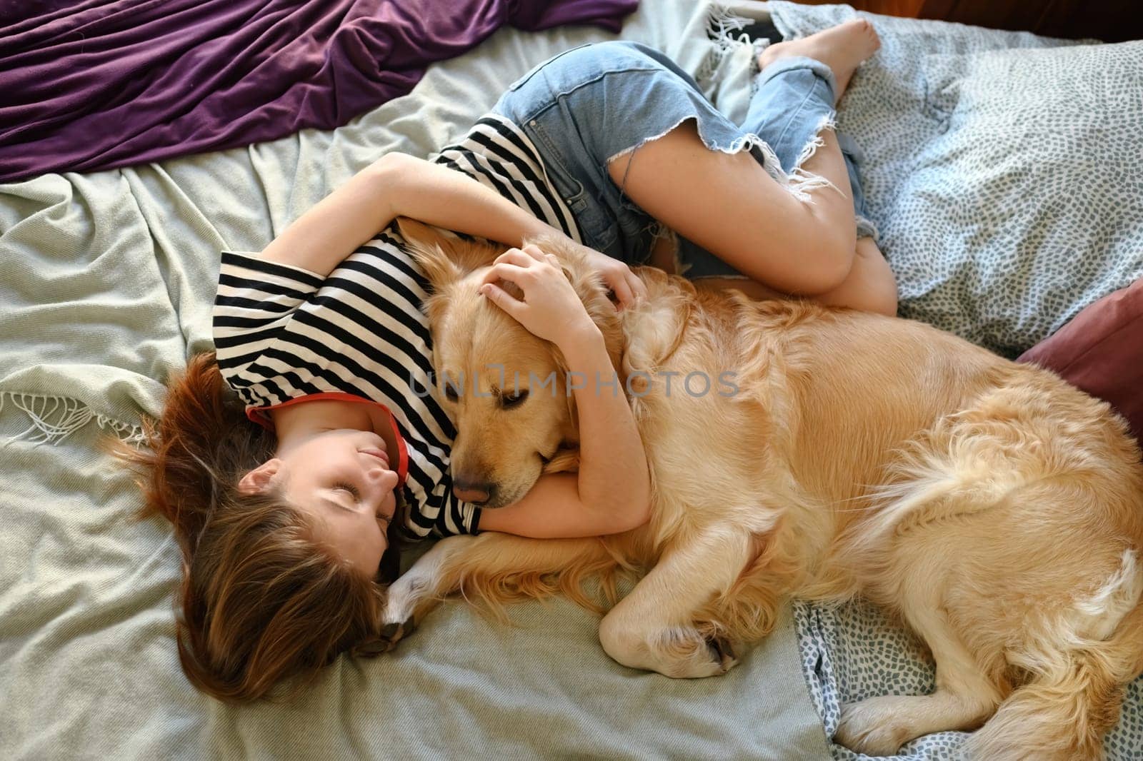 Cute Girl Playing With Golden Retriever Dog by GekaSkr