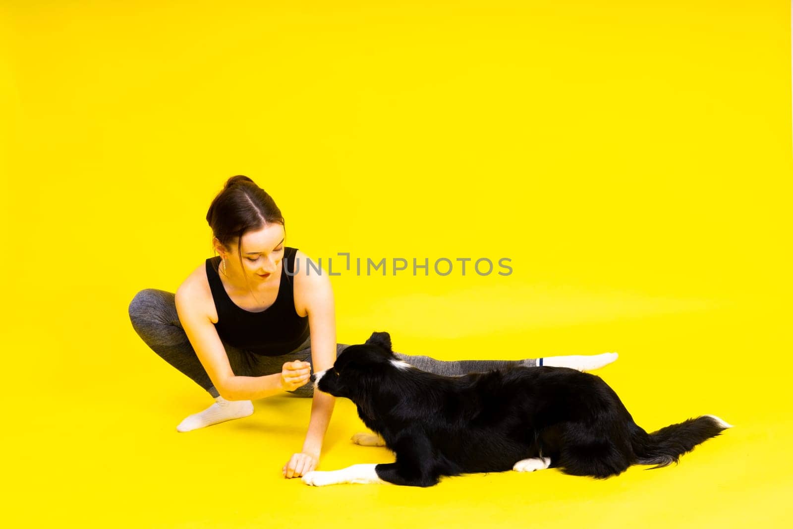 Beautiful sport female with border collie in a studio