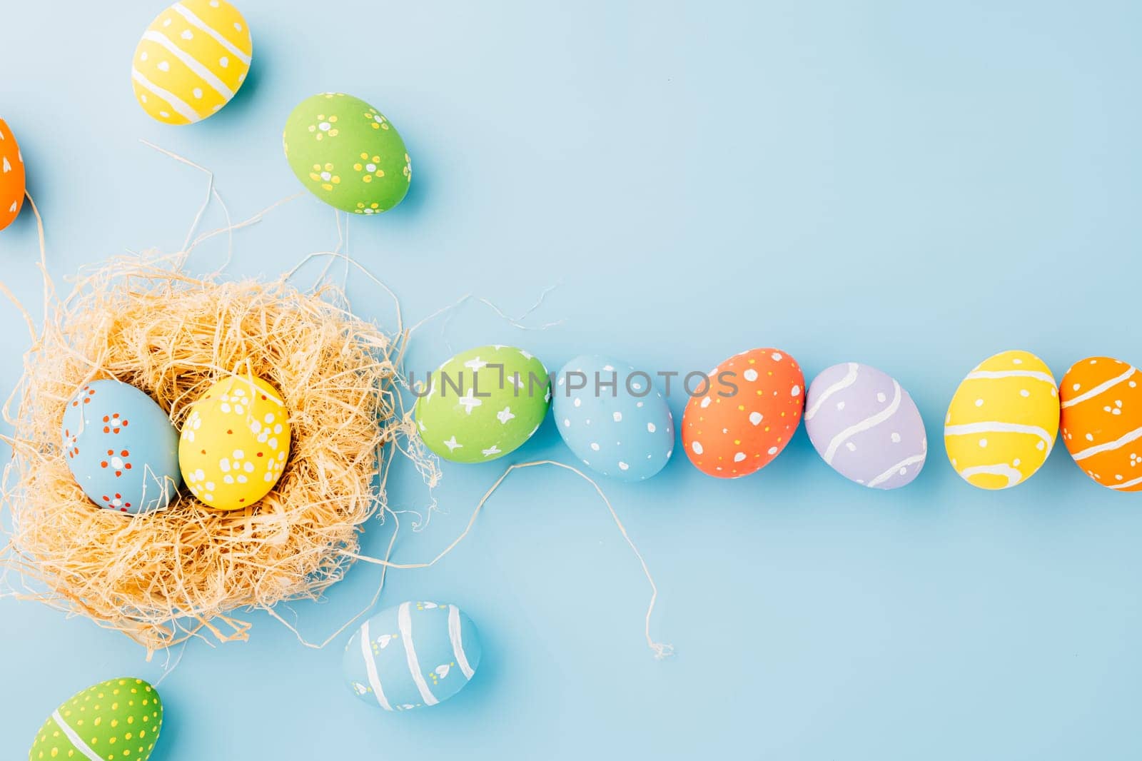 Top view holiday banner background web design white easter eggs in brown by Sorapop