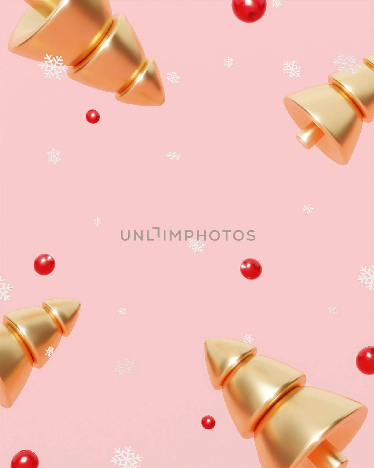 Merry Christmas and Happy New Year. Xmas Background design, gold Christmas tree, red balls and glitter gold confetti. Christmas poster, holiday banner layout. 3d render.