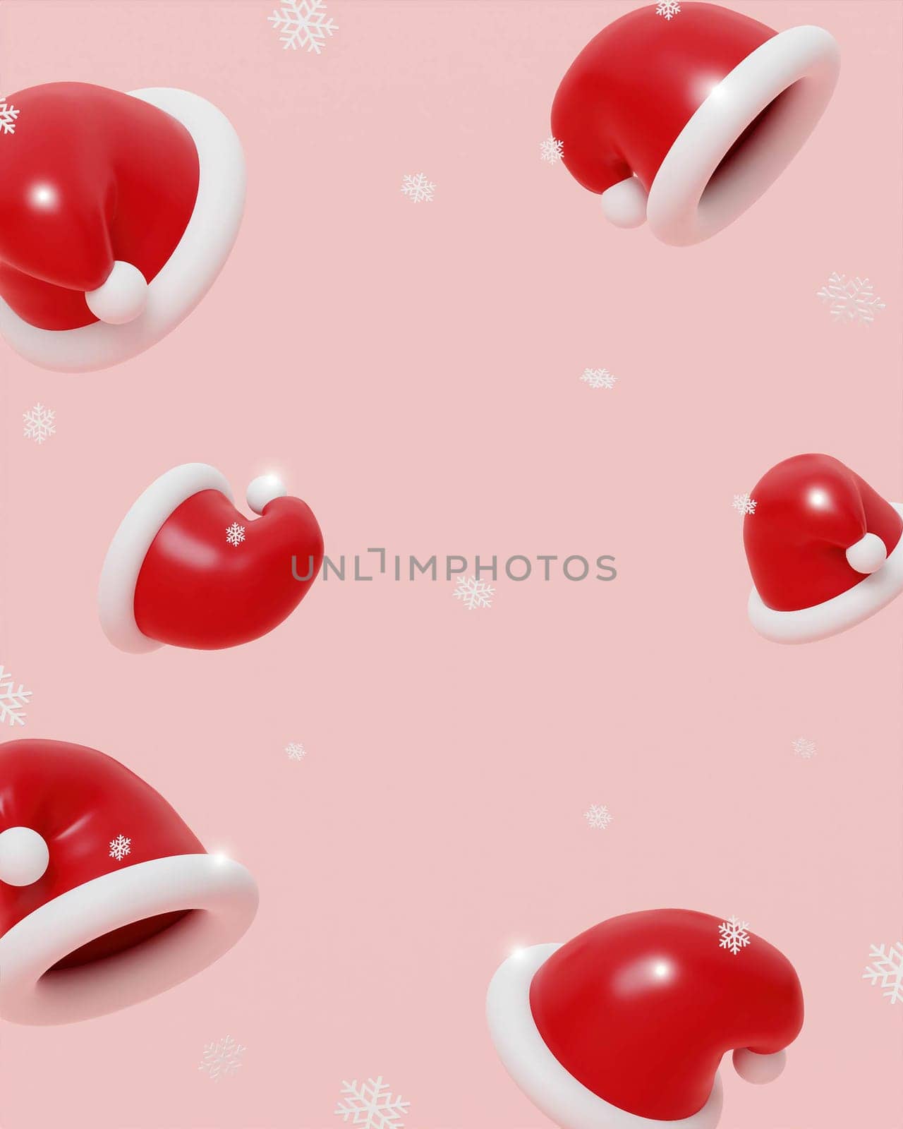 Merry Christmas and Happy New Year. Xmas Background design, Christmas hat and snow float on pink background. Greeting banner template. Winter holidays forest. 3d render.