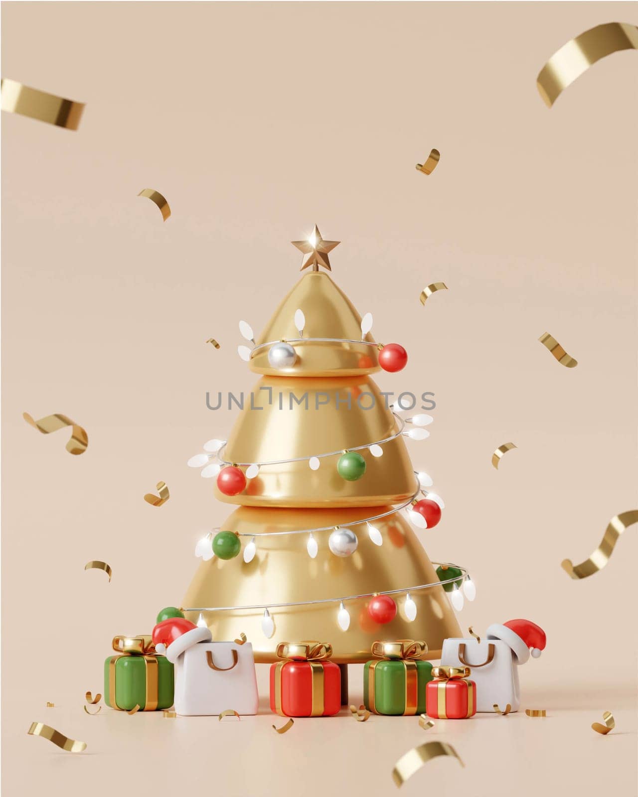 Merry Christmas and Happy New Year. Xmas Background design, gold Christmas tree, gift box and glitter gold confetti. Christmas poster, holiday banner layout. 3d render.