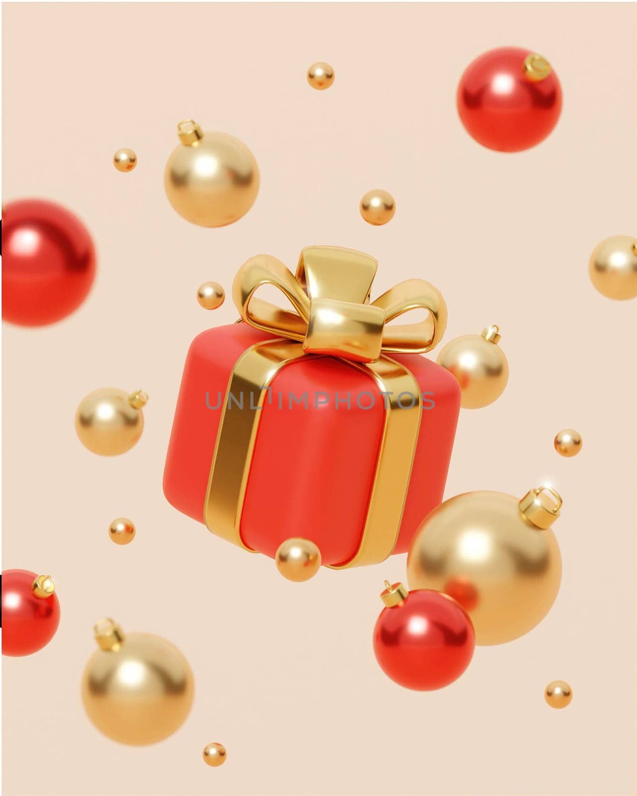 Merry Christmas and Happy New Year. Xmas Background design, gift box, gold Christmas tree, white balls and glitter gold confetti. Christmas poster, holiday banner layout. 3d render.