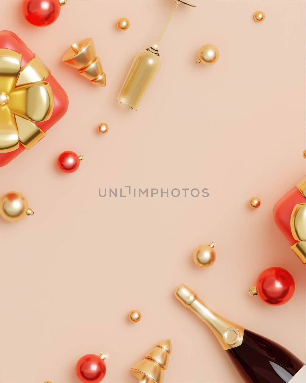 Merry Christmas and Happy New Year. Xmas Background top view, gold Christmas tree, gold balls and champagne bottle. Christmas poster, holiday banner layout. 3d render.