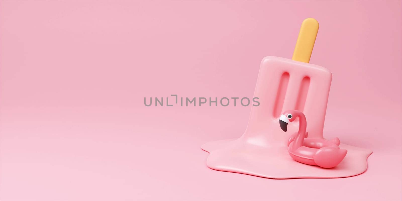 Pink stick ice cream melting with flamingo float on pastel pink background. Summer creative concept. 3d render illustration..