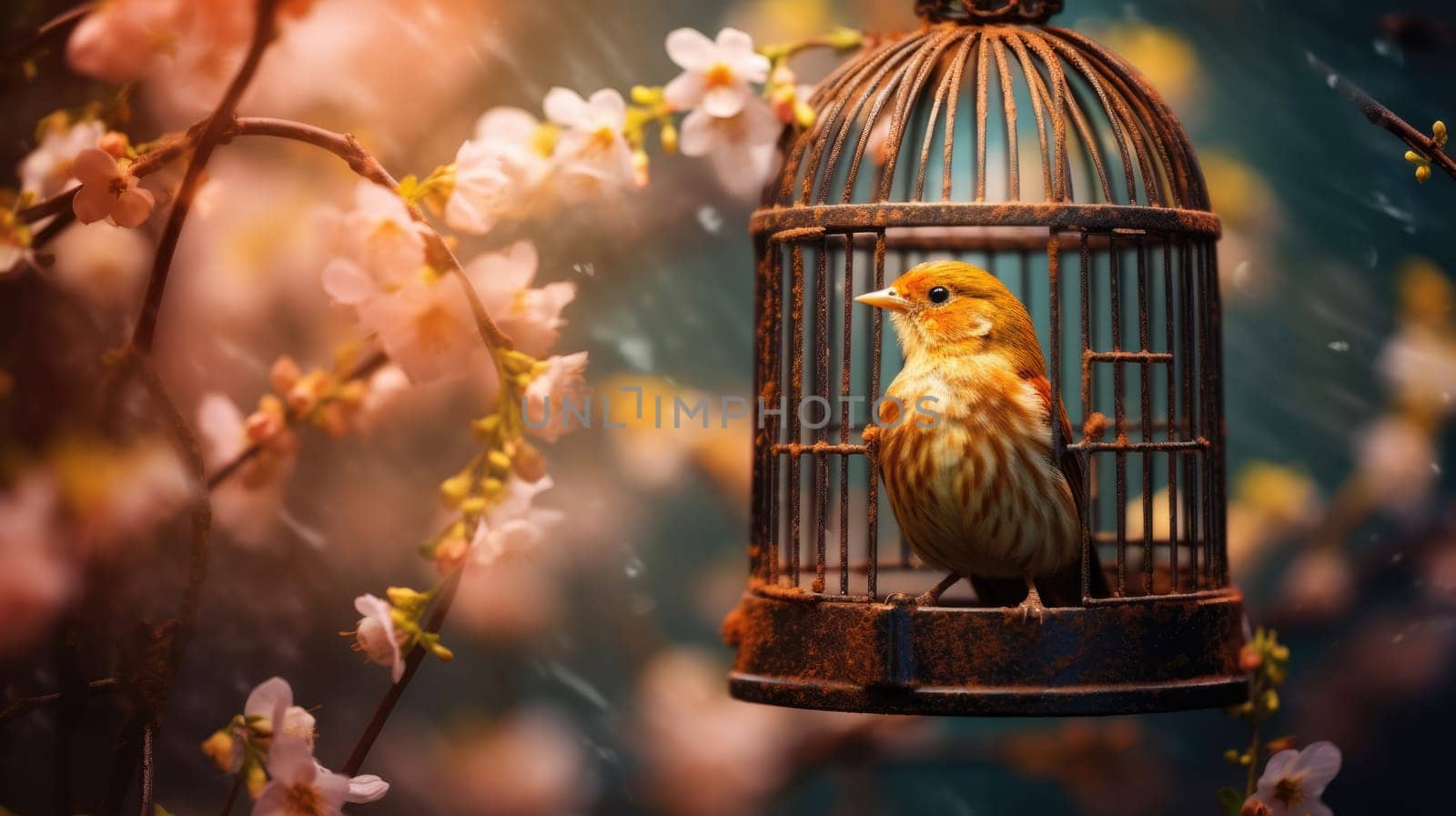 Bird in cage on the apple blossom tree on blurred background by natali_brill