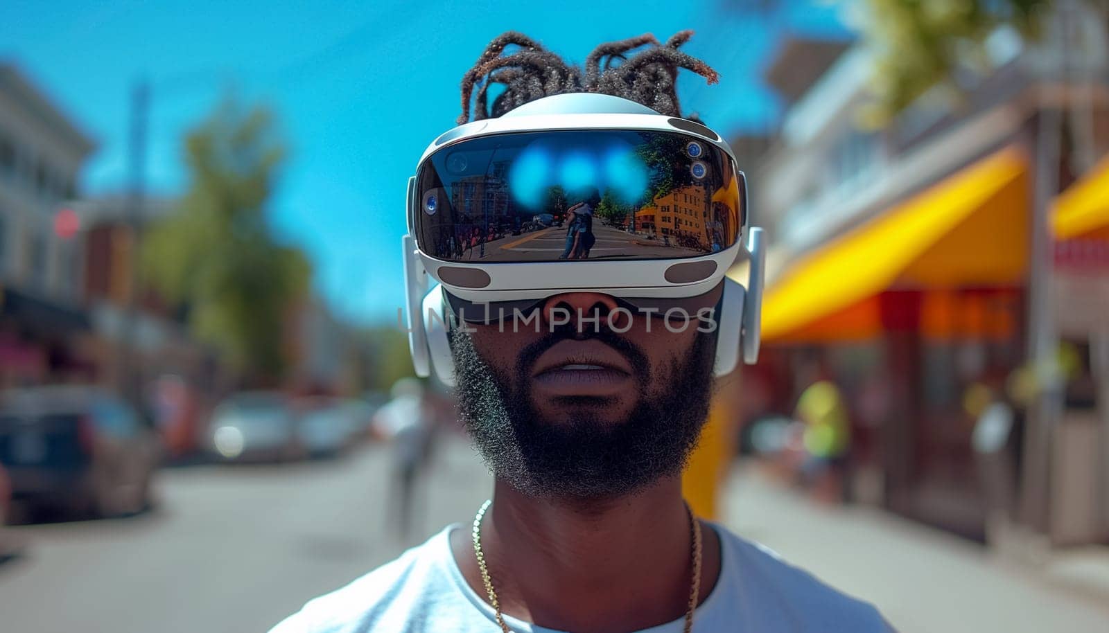 A man in VR glasses on a city street. High quality photo