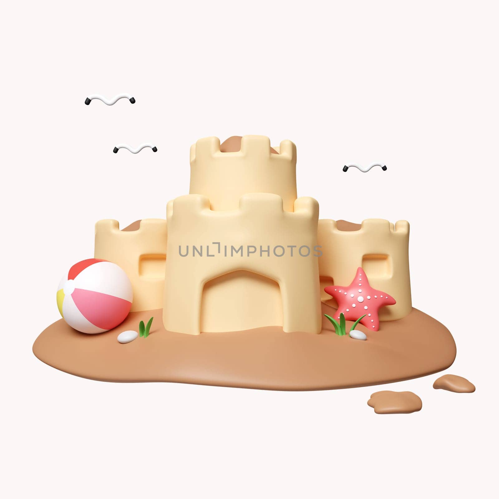 3d sand castle, fort or fortress with towers, starfish and ball. summer vacation travel kids children leisure fun play. icon isolated on white background. 3d rendering illustration. Clipping path..