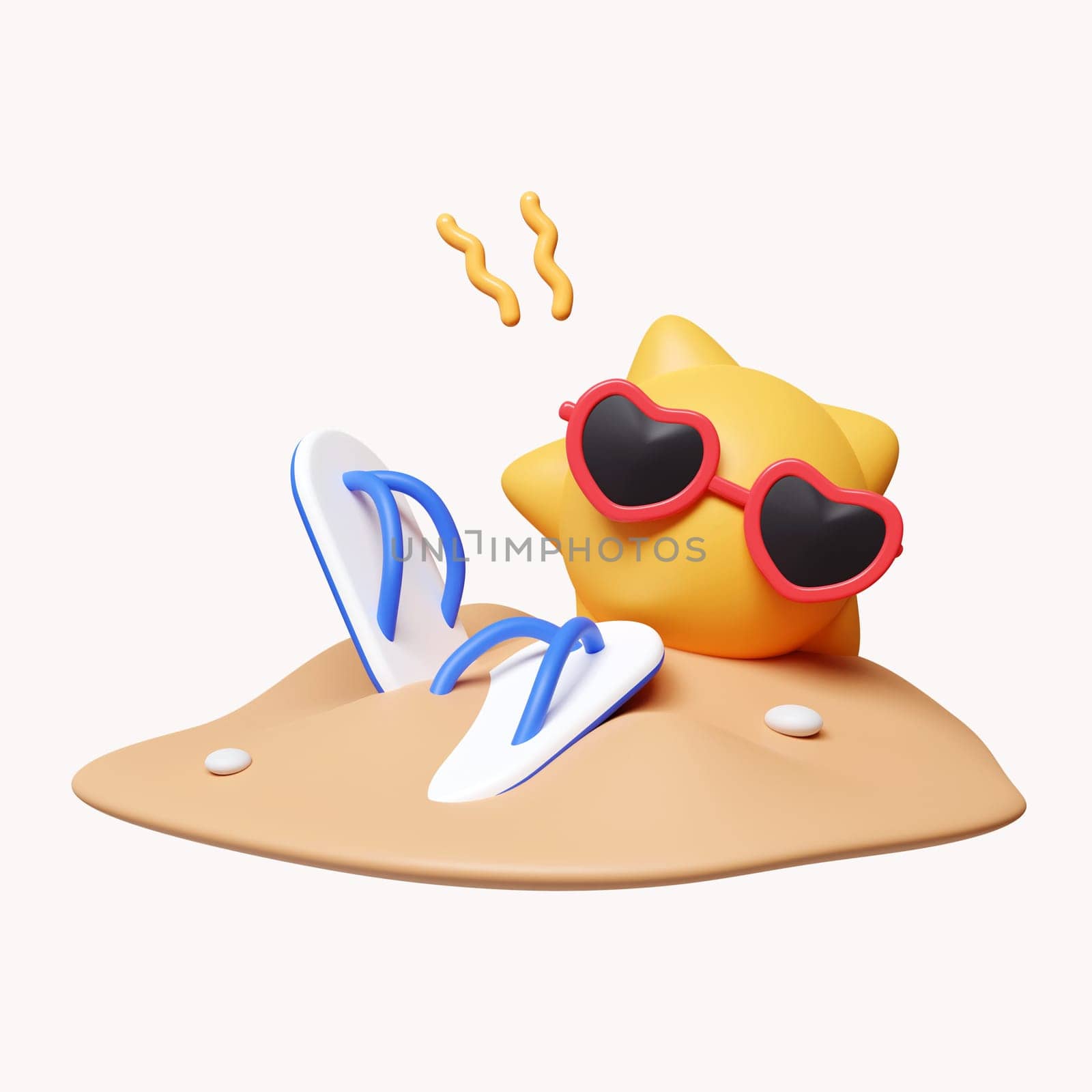 3d sun wearing sunglasses on sand with sandals. summer vacation and holidays concept. icon isolated on white background. 3d rendering illustration. Clipping path. by meepiangraphic