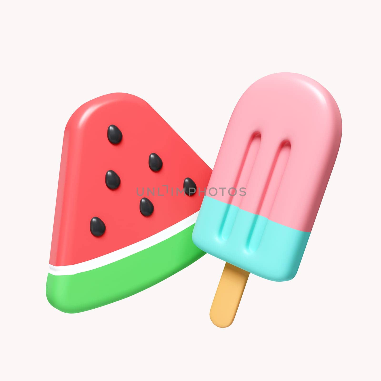 3d watermelon and ice cream for summer time. icon isolated on white background. 3d rendering illustration. Clipping path. by meepiangraphic