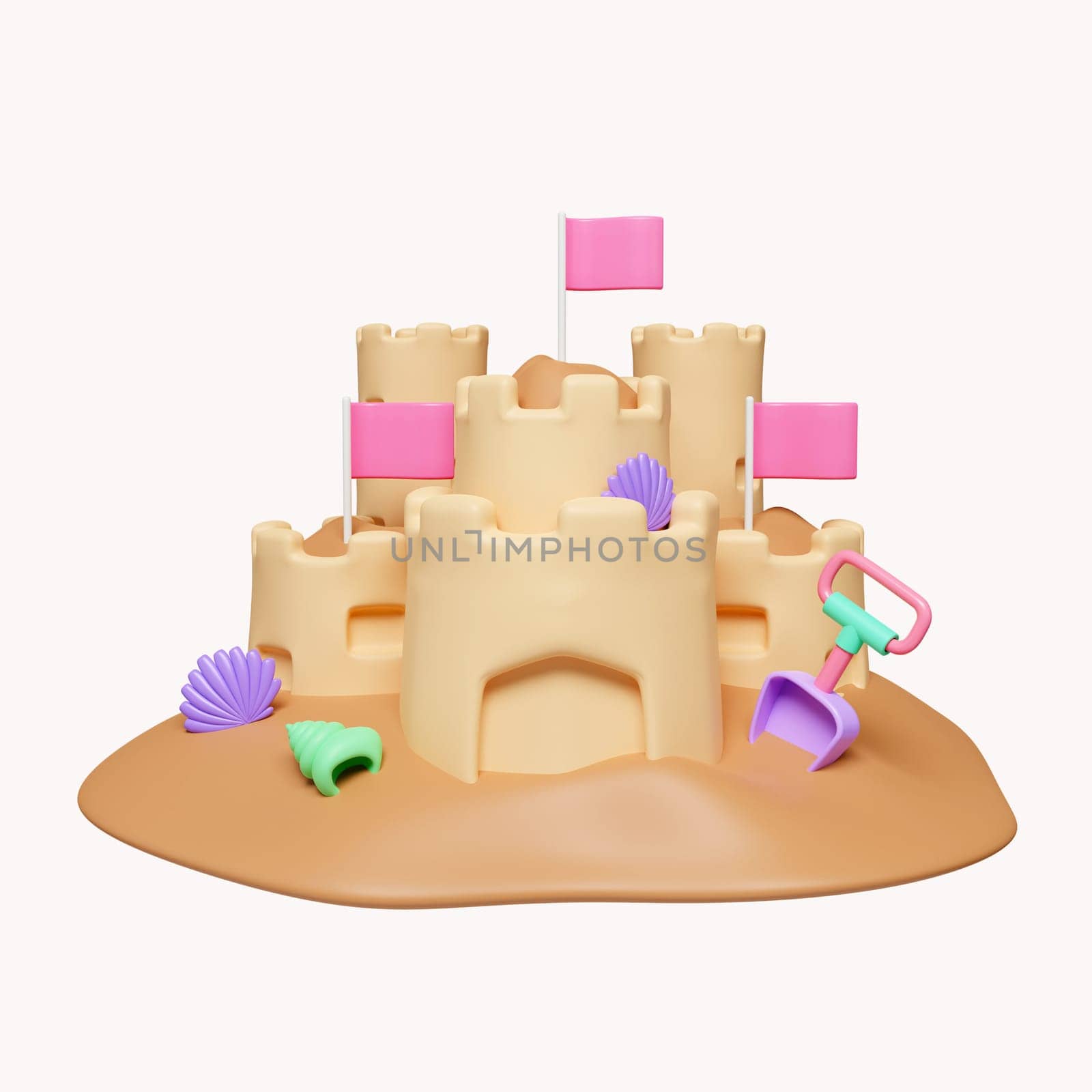 3d sand castle, fort or fortress with towers, shell and flags. summer vacation travel kids children leisure fun play. icon isolated on white background. 3d rendering illustration. Clipping path. by meepiangraphic