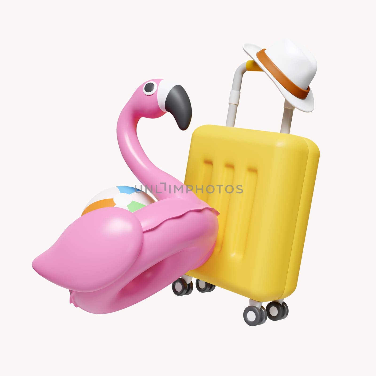 3d Pink Flamingo float with luggage and hat. summer vacation and holidays concept. icon isolated on white background. 3d rendering illustration. Clipping path..