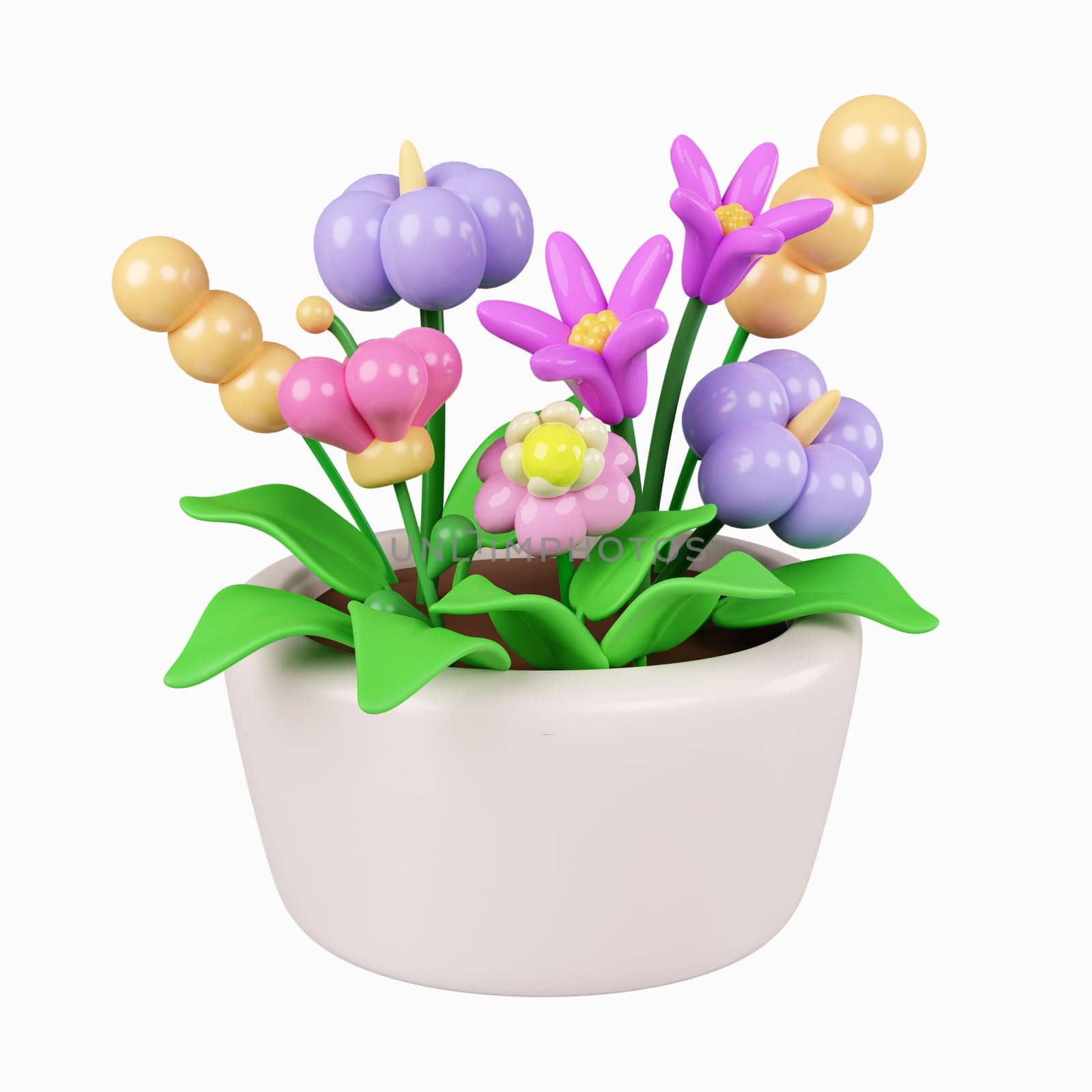 3d plant in plant pot. Floral arrangement garland. icon isolated on white background. 3d rendering illustration. Clipping path.