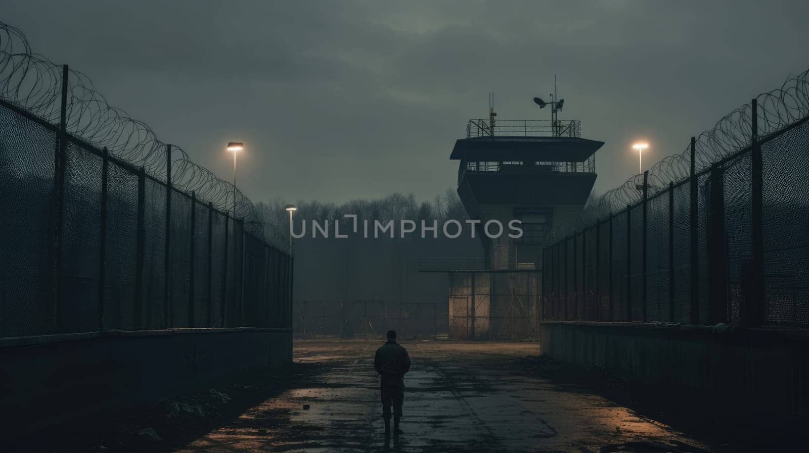 Checkpoint. A guard is watching at the prison gates AI