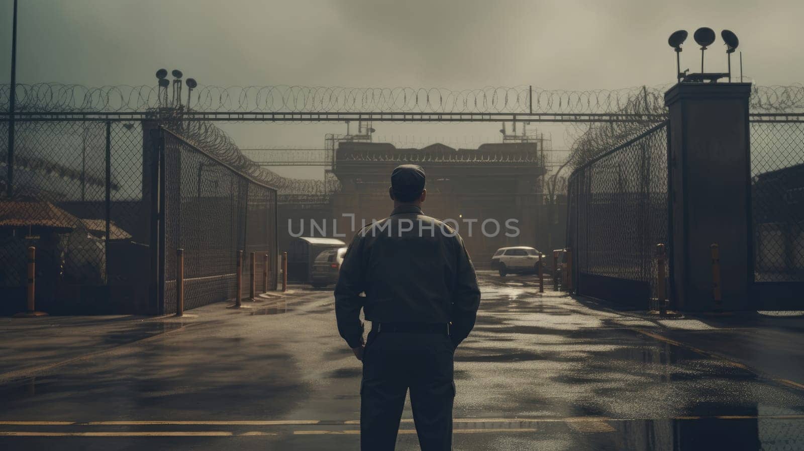 Checkpoint. A guard is watching at the prison gates AI