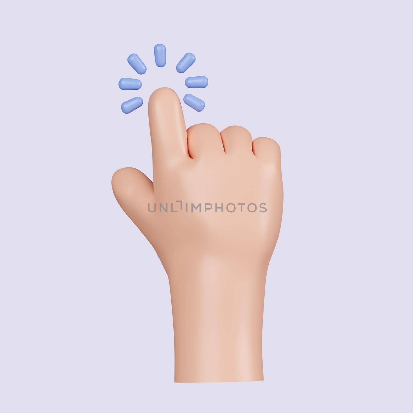 3d Computer cursor with hand and click. Diverse man arms with fingers press button, pointing or touch fingerprint scan. icon isolated on gray background. 3d rendering illustration. Clipping path..
