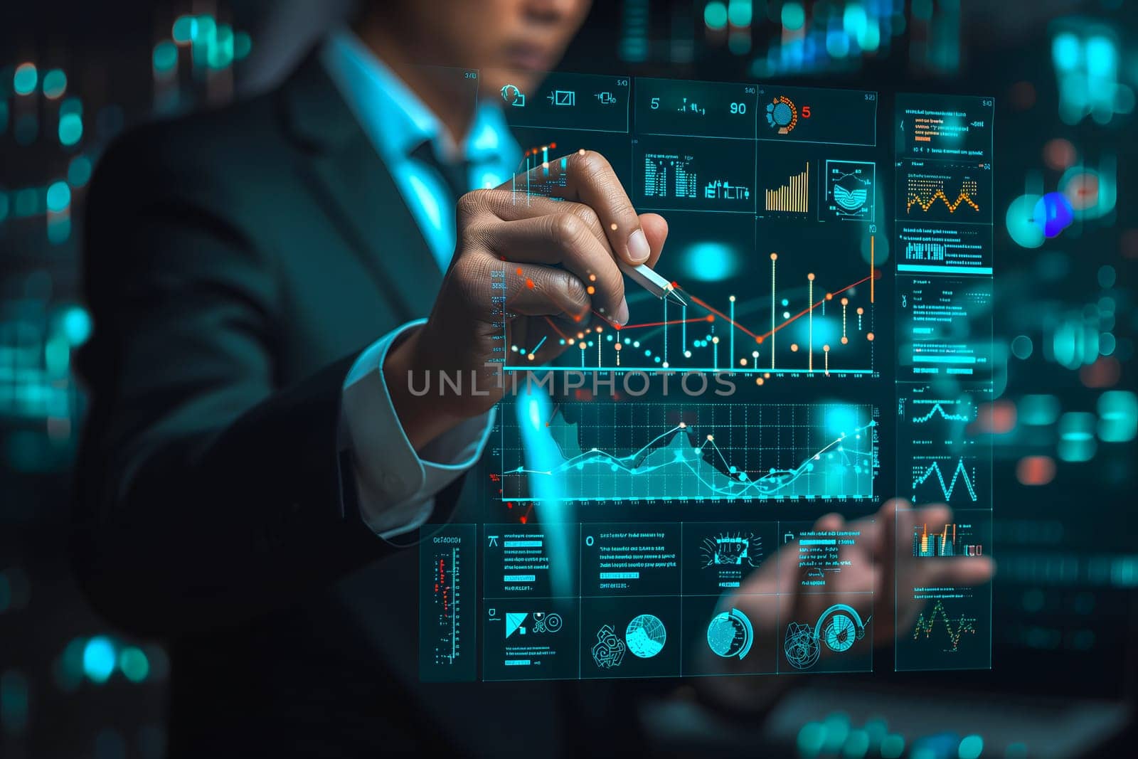 Businessman sketching a growing virtual hologram of statistics, graphs, and charts. Representing the stock market and sales data analysis. Neural network generated image. Not based on any actual person or scene.