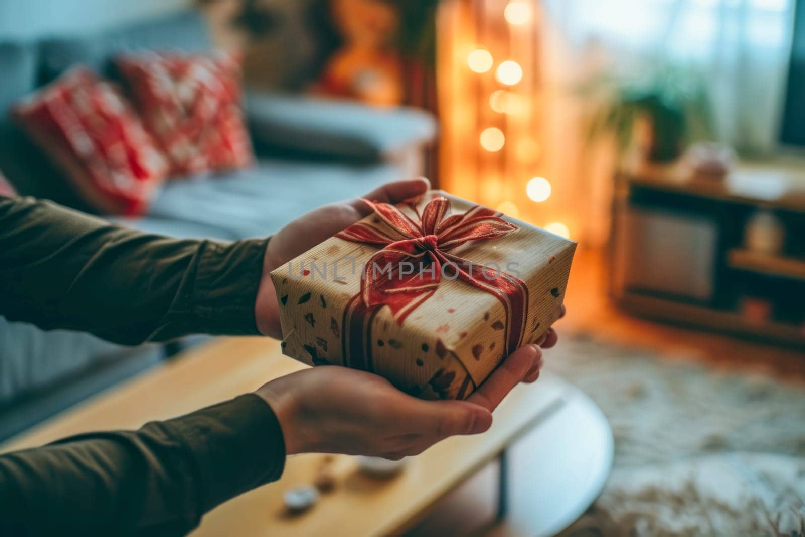 A person is holding a wrapped present securely in their hand, ready to give it to someone.