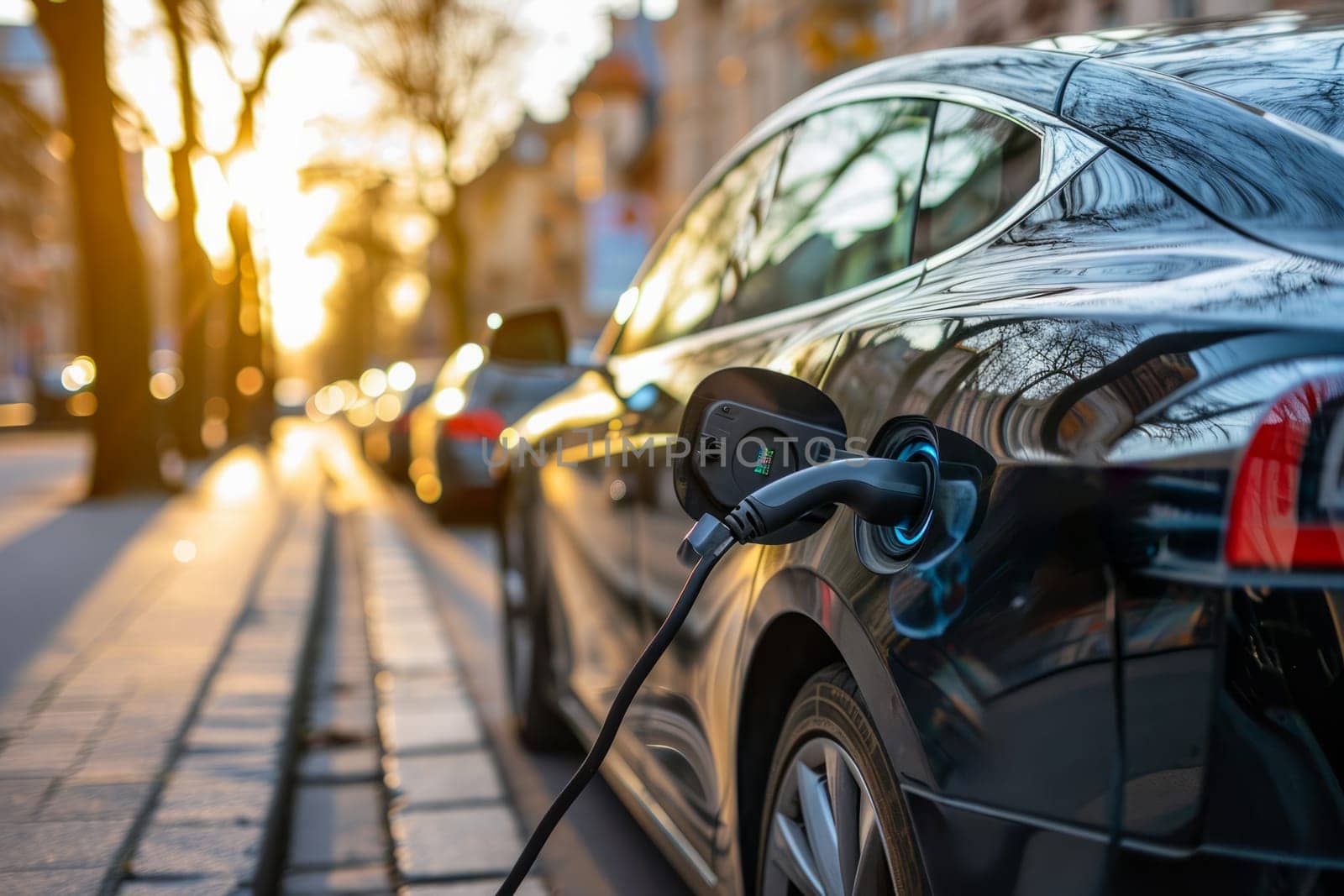 An electric car is being charged as it is connected to a charging station.