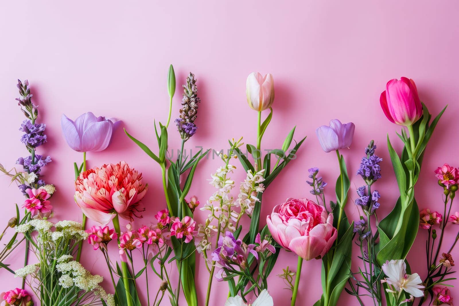 A bunch of vibrant flowers in various hues, neatly arranged on a soft pink backdrop.