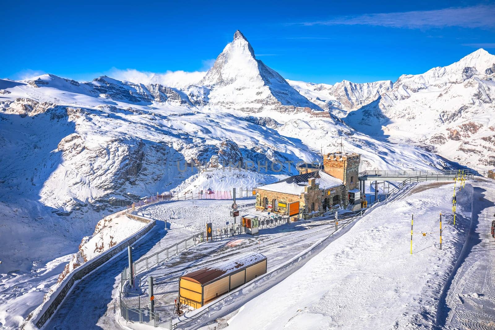 Gorngerat cogwheel railway station and Matterhorn peak in Zermatt ski area view, Valais region in Switzerland Alps